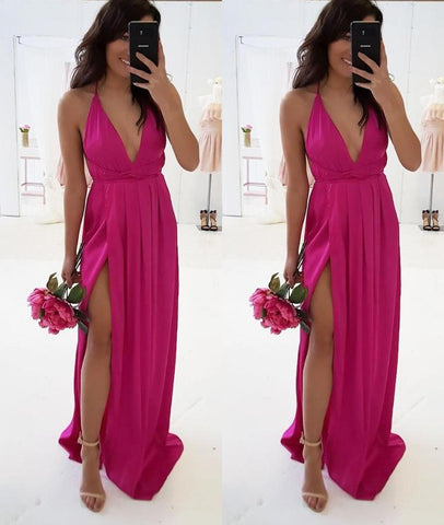 A Line V Neck Backless Fuchsia Long Prom Dresses with High Slit, V Neck Fuchsia Formal Graduation Evening Dresses with Slit