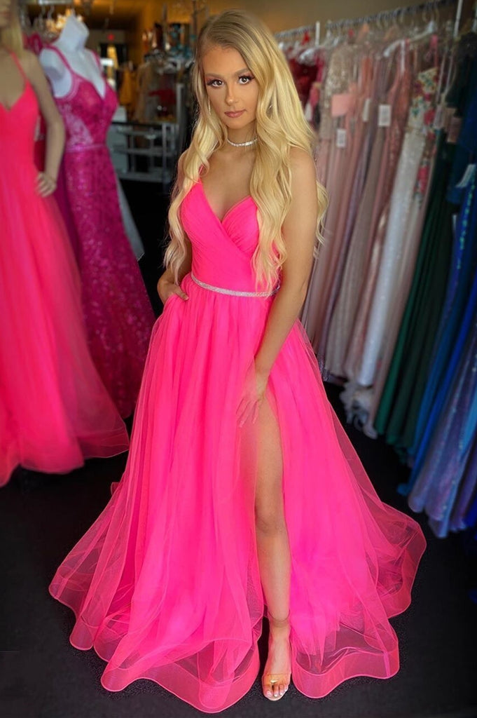 A Line V Neck Backless Hot Pink Long Prom Dress with Slit, Backless Hot Pink Formal Dress, Hot Pink Evening Dress A Line V Neck Backless Hot Pink Long Prom Dress with Slit, Backless Hot Pink Formal Dress, Hot Pink Evening Dress
