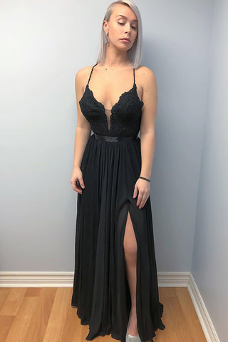 A Line V Neck Backless Lace Black Long Prom Dress with Leg Slit, Black Backless Lace Formal Dress, Black Lace Evening Dress