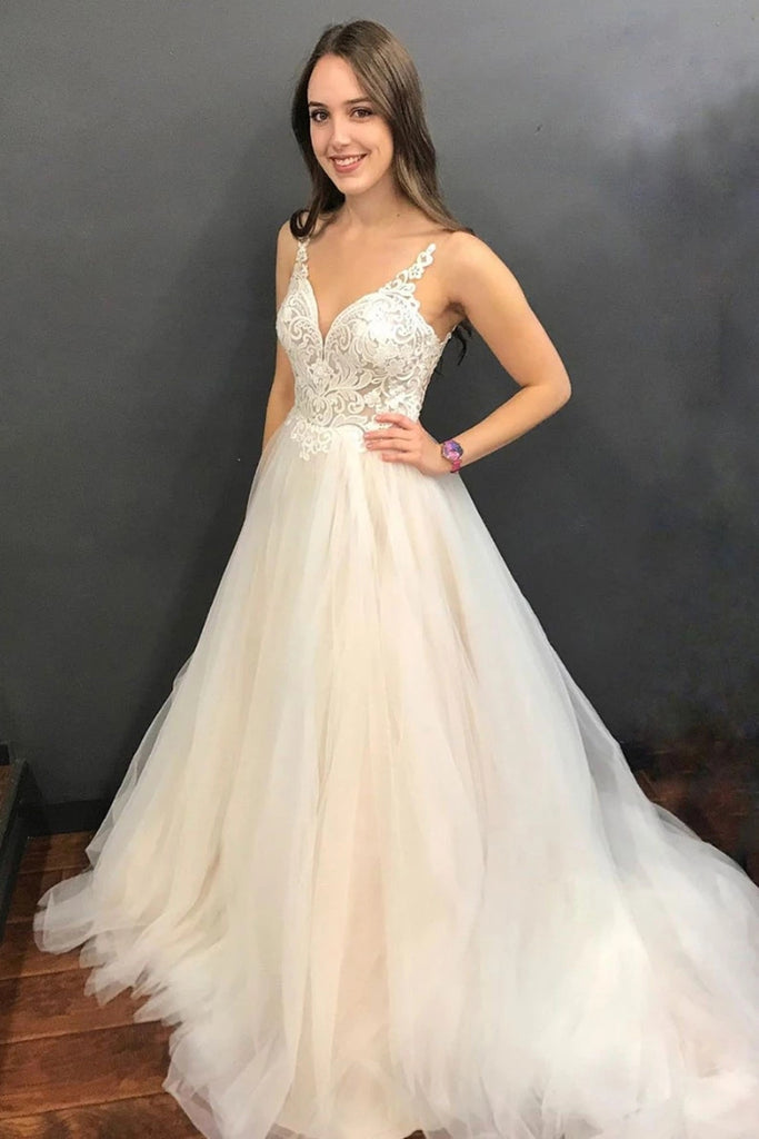 A Line V Neck Backless Lace Light Champagne Wedding Dresses Prom Dress abcprom A Line V Neck Backless Lace Light Champagne Wedding Dresses Prom Dress abcprom