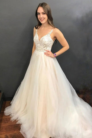 A Line V Neck Backless Lace Light Champagne Wedding Dresses Prom Dress abcprom A Line V Neck Backless Lace Light Champagne Wedding Dresses Prom Dress abcprom
