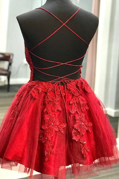 A Line V Neck Backless Lace Red Short Prom Dress Homecoming Dress, Backless Red Lace Formal Graduation Evening Dress