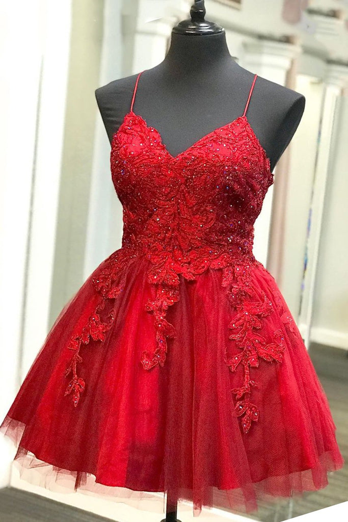 A Line V Neck Backless Lace Red Short Prom Dress Homecoming Dress, Bac –  abcprom