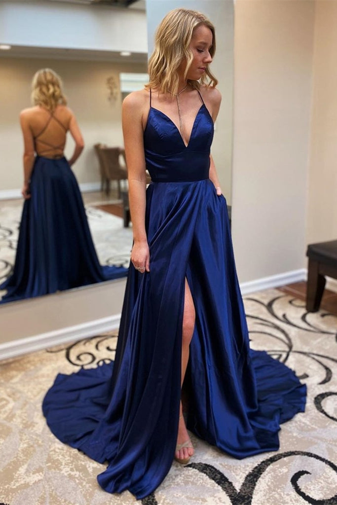 A Line V Neck Backless Navy Blue Long Prom Dresses with High Slit, Backless Navy Blue Formal Dress, Navy Blue Evening Dress