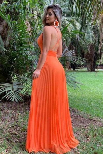 A Line V Neck Backless Orange Chiffon Long Prom Dress, V Neck Backless Orange Formal Graduation Evening Dress, Orange Bridesmaid Dress