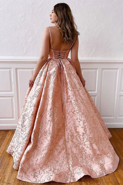 A Line V Neck Backless Pink Lace Prom Dress, Open Back Pink Lace Formal Dress, Pink Lace Evening Dress