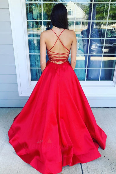 A Line V Neck Backless Red Satin Long Prom Dress, Backless Red Formal Graduation Evening Dress