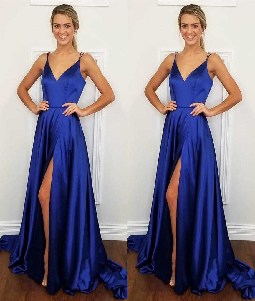 A Line V Neck Backless Royal Blue Satin Long Prom Dress with Leg Slit, Royal Blue Formal Dress, Evening Dress