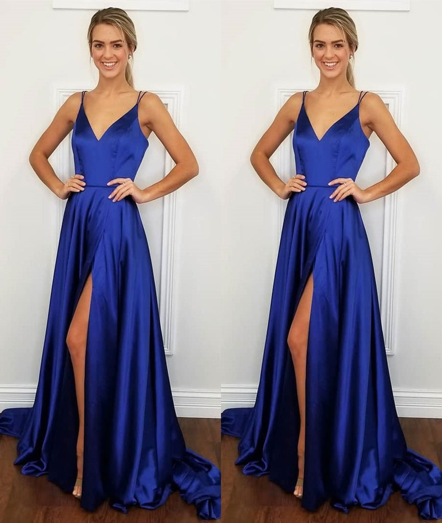 A Line V Neck Backless Royal Blue Satin Long Prom Dress with High Slit abcprom A Line V Neck Backless Royal Blue Satin Long Prom Dress with High Slit abcprom