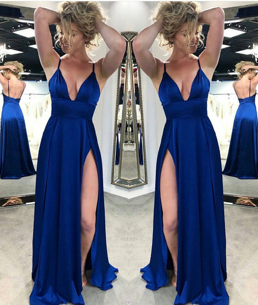 A Line V Neck Backless Royal Blue Satin Long Prom Dresses with High Slit Backless Royal Blue Formal Evening Graduation Dresses