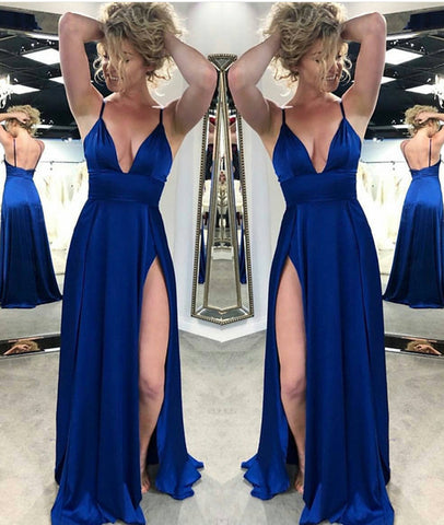 A Line V Neck Backless Royal Blue Satin Long Prom Dresses with High Slit, Backless Royal Blue Formal Evening Graduation Dresses