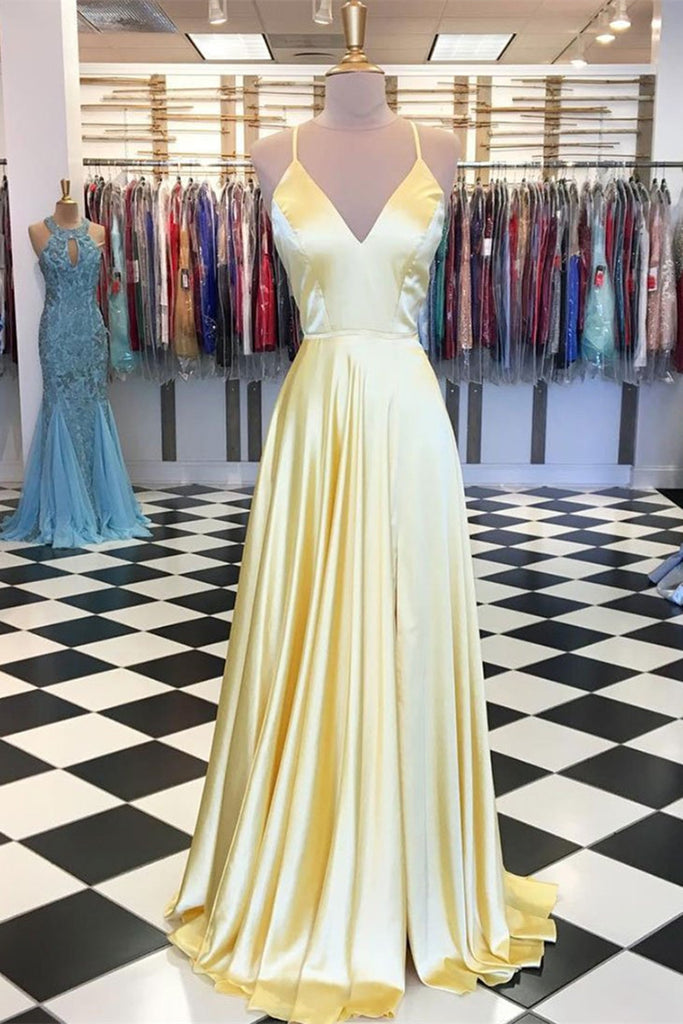 A Line V Neck Backless Yellow Satin Long Prom Dresses, Yellow Backless abcprom A Line V Neck Backless Yellow Satin Long Prom Dresses, Yellow Backless abcprom