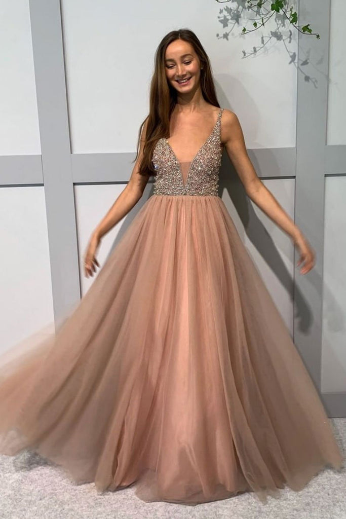 A Line V Neck Beaded Champagne Tulle Long Prom Dress, V Neck Beaded Champagne Formal Dress, Champagne Evening Dress