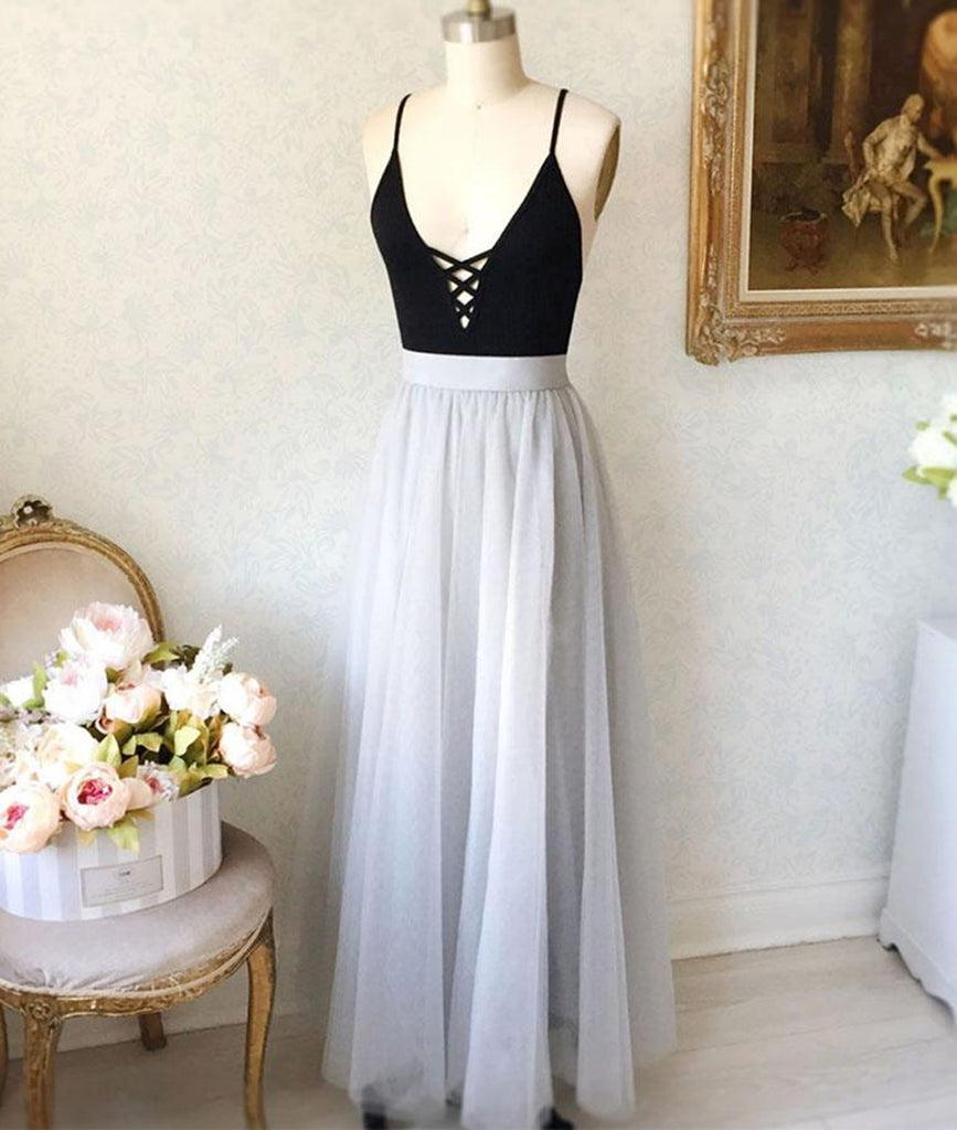 A Line V Neck Black Top Gray Prom Dresses, Gray Formal Dresses, V Neck abcprom A Line V Neck Black Top Gray Prom Dresses, Gray Formal Dresses, V Neck abcprom