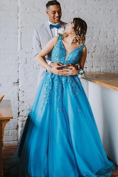 A Line V Neck Blue Lace Long Prom Dress, Blue Lace Formal Dress, Blue Evening Dress