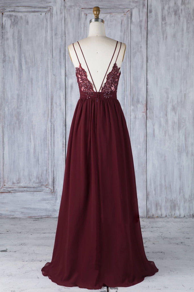 A Line V Neck Burgundy Chiffon Long Prom Dress with Lace Back, V Neck abcprom A Line V Neck Burgundy Chiffon Long Prom Dress with Lace Back, V Neck abcprom