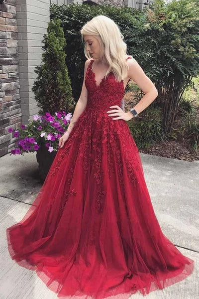 A Line V Neck Burgundy Lace Long Prom Dress, Burgundy Lace Formal Graduation Evening Dress