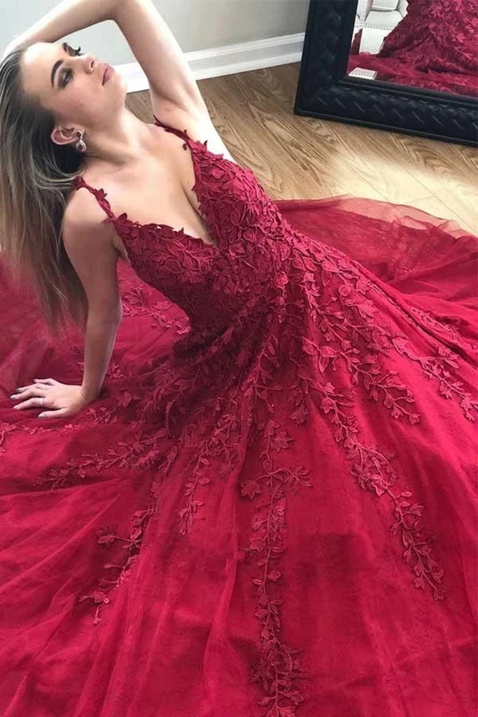 A Line V Neck Burgundy Lace Long Prom Dress, Burgundy Lace Formal Graduation Evening Dress A Line V Neck Burgundy Lace Long Prom Dress, Burgundy Lace Formal Graduation Evening Dress