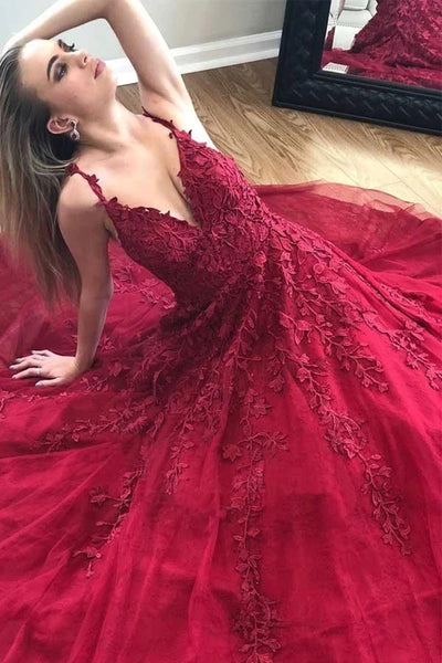 A Line V Neck Burgundy Lace Long Prom Dress, Burgundy Lace Formal Graduation Evening Dress