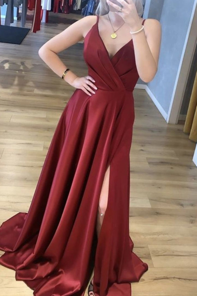 A Line V Neck Burgundy Satin Long Prom Dress with High Slit, V Neck Burgundy Formal Graduation Evening Dress