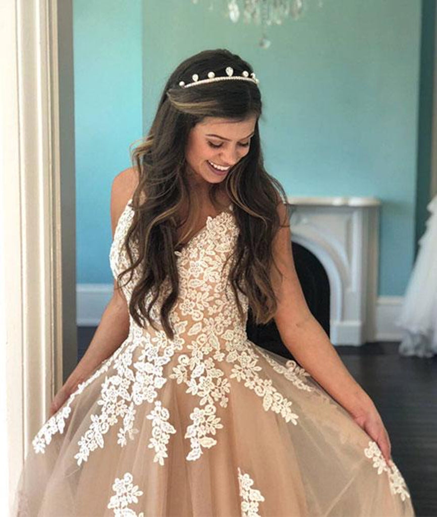 A Line V Neck Champagne Tulle Long Prom Dress with White Lace, Champag   abcprom
