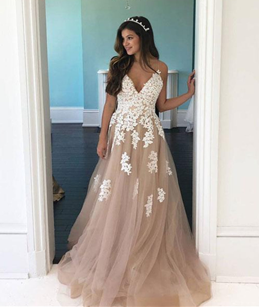 A Line V Neck Champagne Tulle Long Prom Dress with White Lace, Champagne Formal Dress with Appliques, Evening Dress