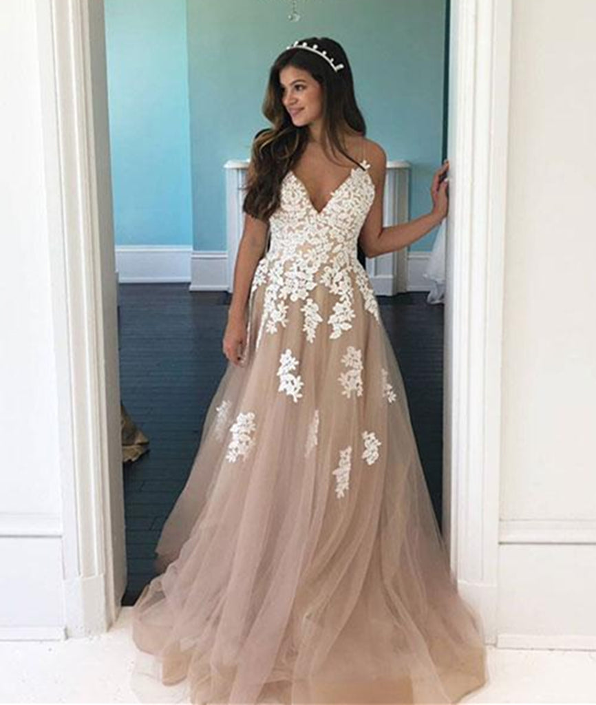 A Line V Neck Champagne Tulle Long Prom Dress with White Lace, Champag abcprom A Line V Neck Champagne Tulle Long Prom Dress with White Lace, Champag abcprom
