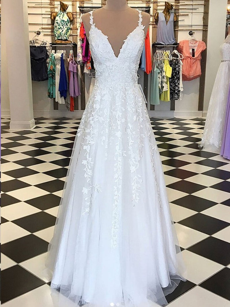 A Line V Neck Floor Length Lace White Long Prom Dresses, White Lace Fo abcprom A Line V Neck Floor Length Lace White Long Prom Dresses, White Lace Fo abcprom