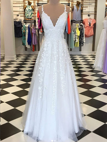 A Line V Neck Floor Length Lace White Long Prom Dresses, White Lace Formal Dresses, V Neck White Evening Dresses