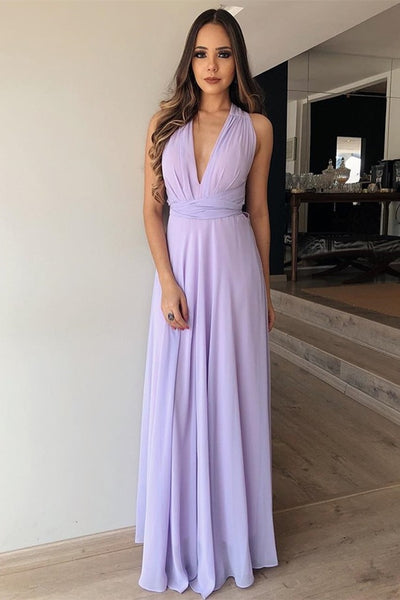 A Line V Neck Floor Length Lilac Chiffon Long Prom Dress, Lilac Lavender Formal Graduation Evening Dress, Lilac Bridesmaid Dress