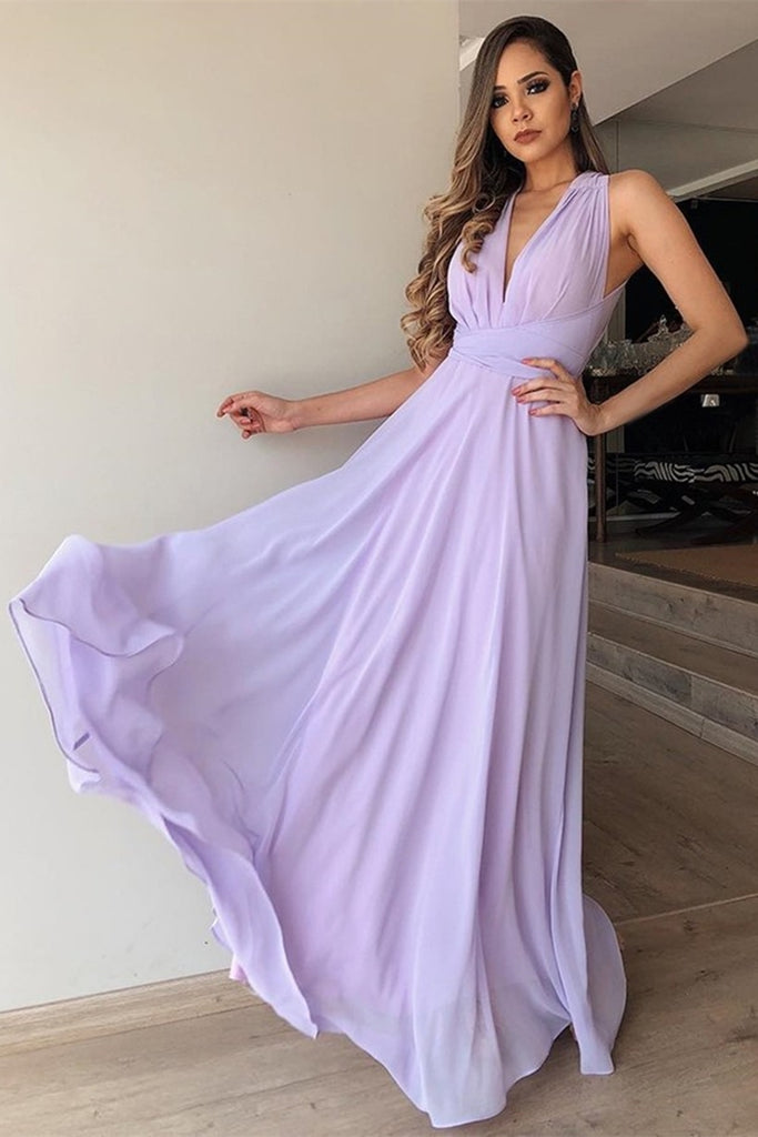 A Line V Neck Floor Length Lilac Chiffon Long Prom Dress