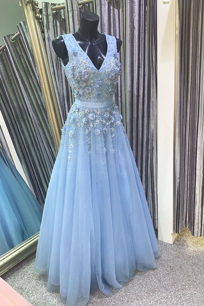Blue Tulle A-line V-neck Lace Flowers Long Prom Dresses, Evening Dress,  MP720