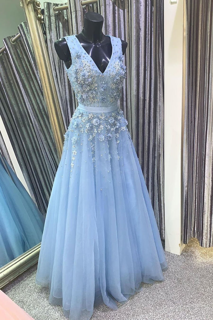 A Line V Neck Floral Light Blue Lace Long Prom Dress Light Blue Lace Formal Graduation Evening Dress