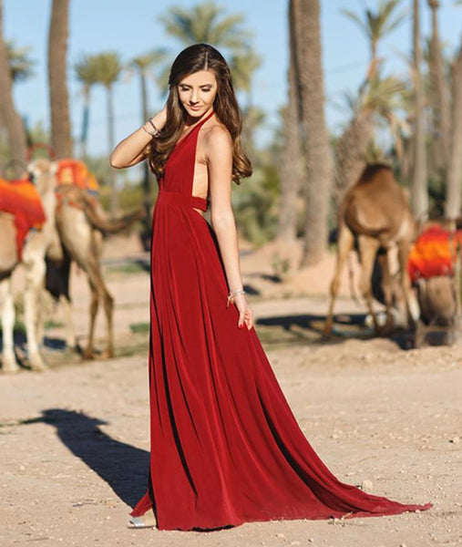A Line V Neck High Slit Burgundy Long Prom Dresses with Sweep Train, Burgundy Formal Evening Graduation Dresses with High Slit