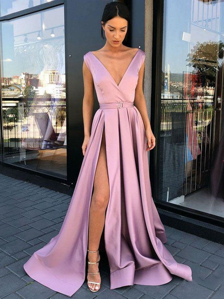 A Line V Neck High Slit Purple Satin Long Prom Dresses, V Neck Purple abcprom A Line V Neck High Slit Purple Satin Long Prom Dresses, V Neck Purple abcprom