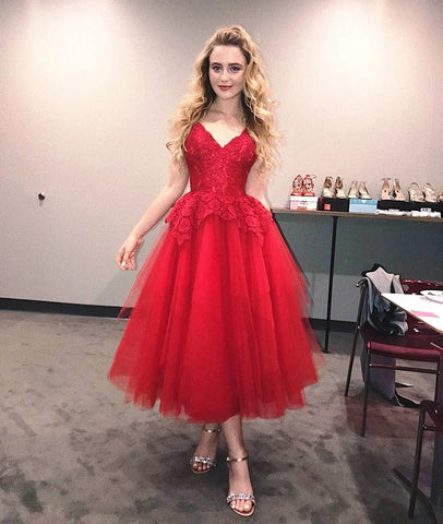 A Line V Neck Knee Leggth Lace Red Prom Dresses, Red Lace Formal Dresses, Red Evening Dresses