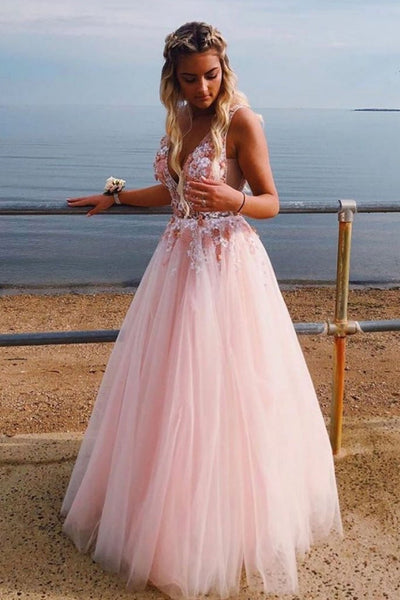 A Line V Neck Lace Appliques Pink Tulle Long Prom Dress, V Neck Pink Lace Formal Dress, Lace Pink Evening Dress, Pink Ball Gown