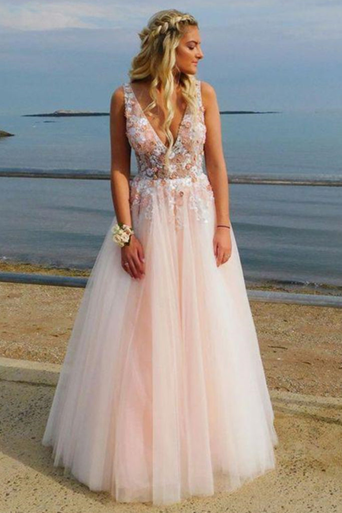 A Line V Neck Lace Appliques Pink Tulle Long Prom Dress, V Neck Pink Lace Formal Dress, Lace Pink Evening Dress, Pink Ball Gown