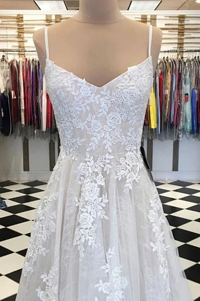A Line V Neck Lace Appliques White Prom Dress, White Lace Formal Dress, White Evening Dress