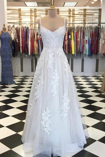 A Line V Neck Lace Appliques White Prom Dress, White Lace Formal Dress, White Evening Dress