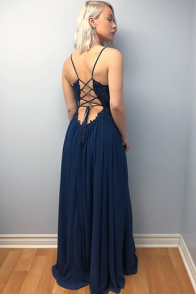A Line V Neck Lace Beading Top Cross Back Navy Blue Prom Dresses