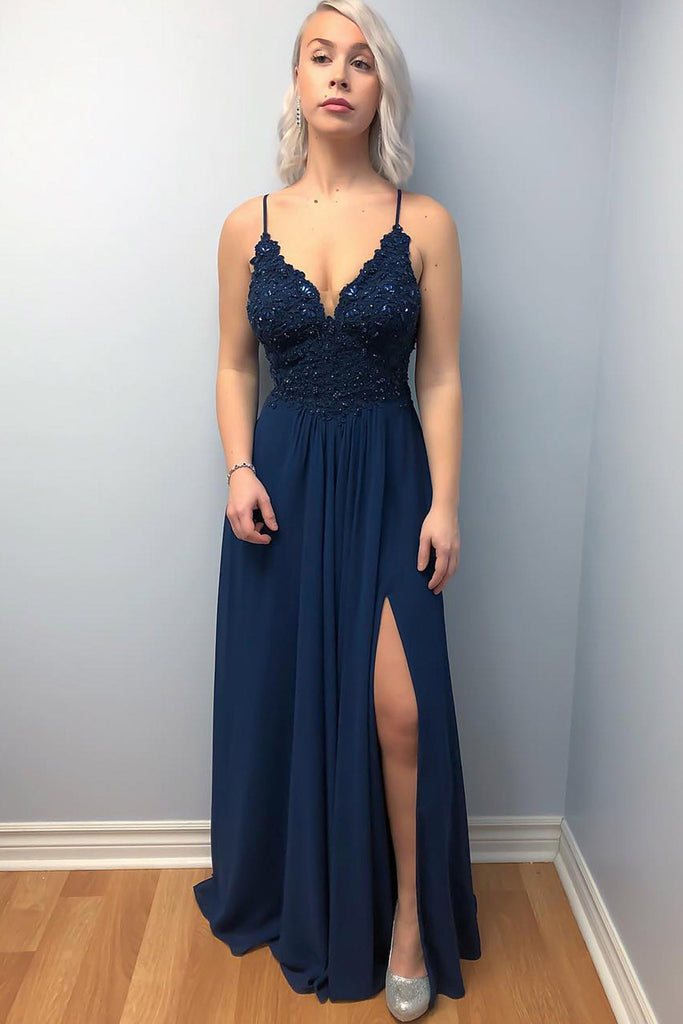 A Line V Neck Lace Beading Top Cross Back Navy Blue Prom Dresses with abcprom A Line V Neck Lace Beading Top Cross Back Navy Blue Prom Dresses with abcprom