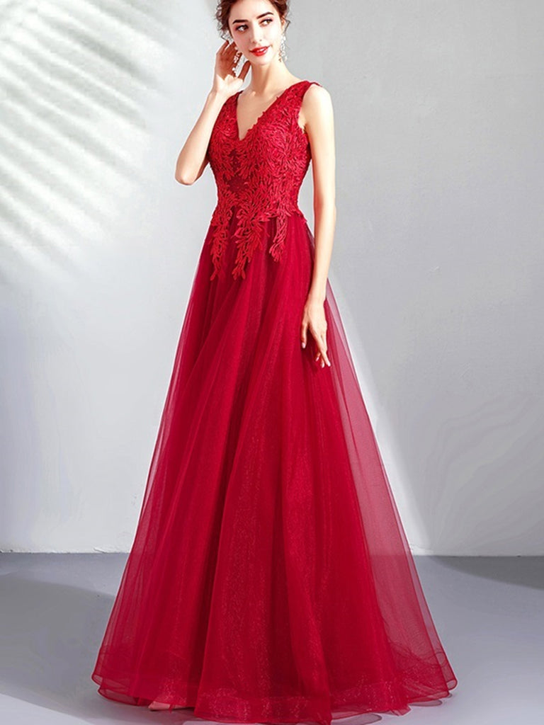 Burgundy Long A-line V-Neck Sparkly Tulle Graduation Prom Dresses main image 0