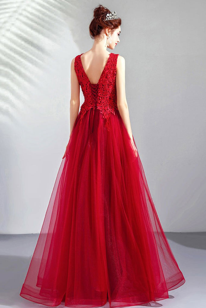 A Line V Neck Lace Burgundy Tulle Long Prom Dresses, V Neck Burgundy F –  abcprom