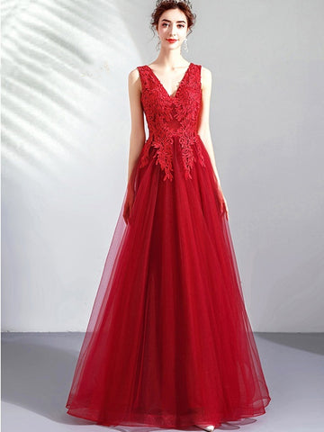 A Line V Neck Lace Burgundy Tulle Long Prom Dresses, V Neck Burgundy Formal Dresses, Lace Burgundy Evening Dresses