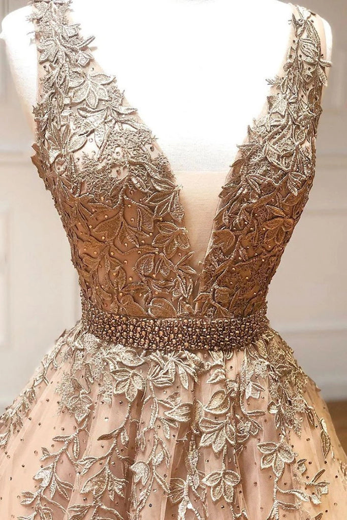A Line V Neck Lace Champagne Tulle Long Prom Dress, V Neck Lace Champa –  abcprom