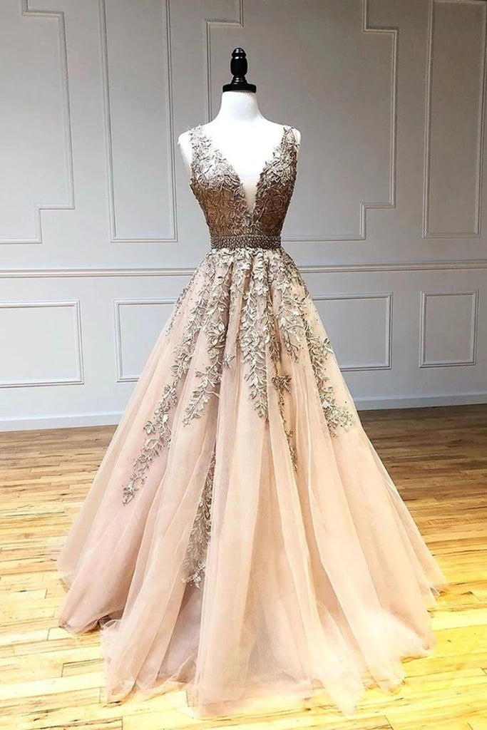A Line V Neck Lace Champagne Tulle Long Prom Dress, V Neck Lace Champa abcprom A Line V Neck Lace Champagne Tulle Long Prom Dress, V Neck Lace Champa abcprom