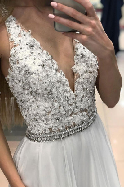 A Line V Neck Lace White Chiffon Long Prom Dress with Beadings, White Lace Formal Dress, White Evening Dress
