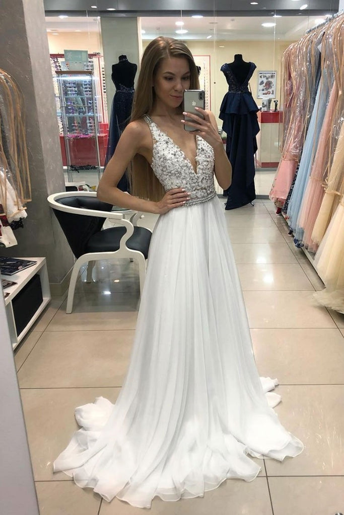 A Line V Neck Lace White Chiffon Long Prom Dress with Beadings, White Lace Formal Dress, White Evening Dress
