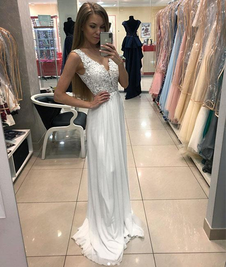 A Line V Neck Lace White Chiffon Long Prom Dresses, White Lace Formal abcprom A Line V Neck Lace White Chiffon Long Prom Dresses, White Lace Formal abcprom